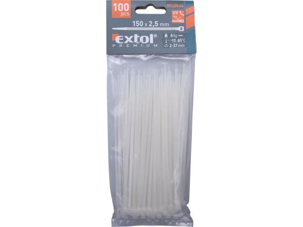 EXTOL PREMIUM 8856104 - pásky stahovací na kabely bílé, 150x2,5mm, 100ks, nylon PA66