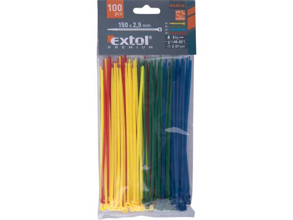 EXTOL PREMIUM 8856194 - pásky stahovací barevné, 150x2,5mm, 100ks, (4x25ks), 4 barvy, nylo