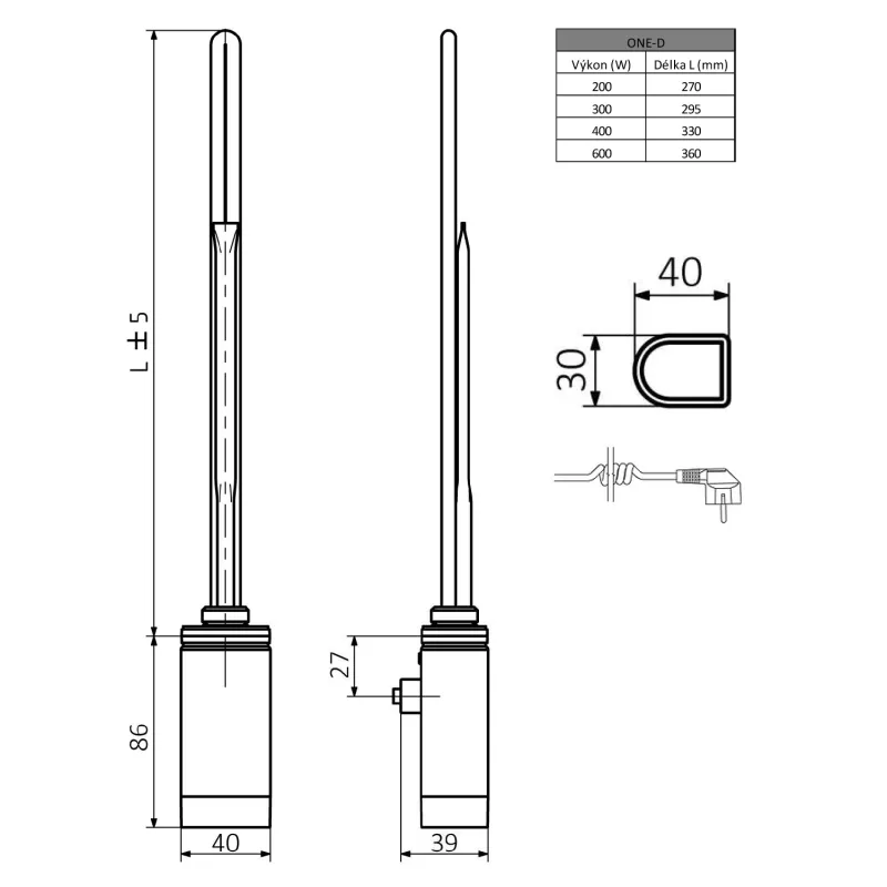 ONE D topná tyč s termostatem, 200 W, levá, chrom (ONE-DL-C-200)