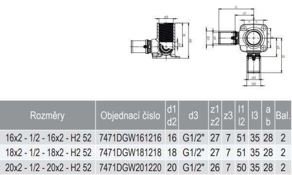 COMAP MULTISKIN 7471DGW nástěnka (16x2)x1/2"x(16x2)mm, 52mm, dvojitá, standardní, s vnitřním závitem