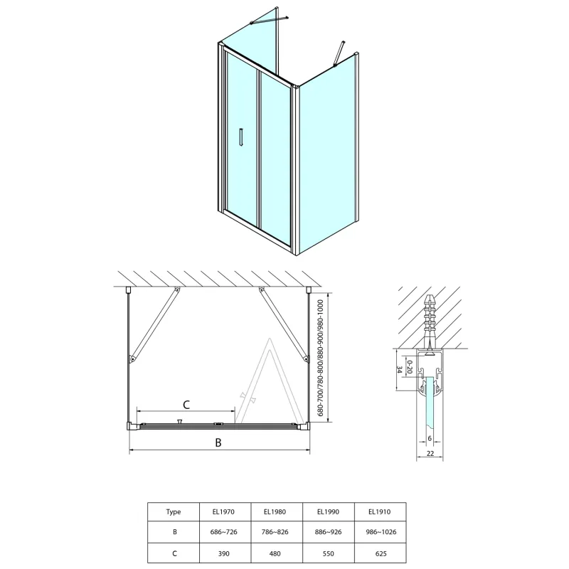 EASY LINE třístěnný sprchový kout 800x900mm, skládací dveře, L/P varianta, čiré sklo (EL1980EL3315EL