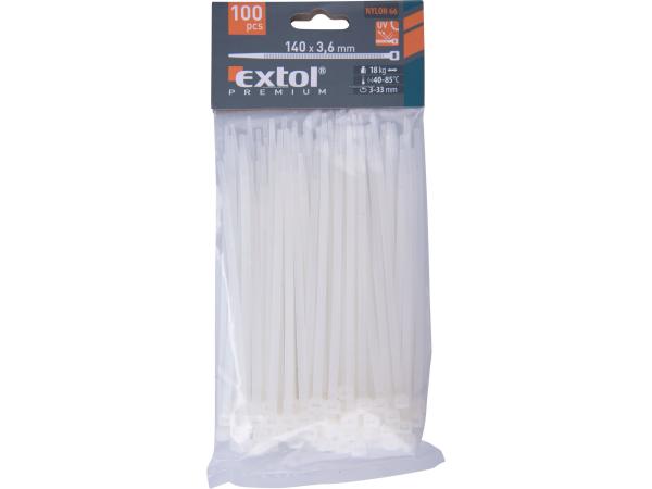EXTOL PREMIUM 8856105 - pásky stahovací na kabely bílé, 140x3,6mm, 100ks, nylon PA66
