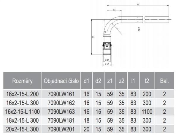 COMAP MULTISKIN 7090LW L-garnitura (16x2)x15mm, L1100mm, koncová, lisovací, voda, mosaz
