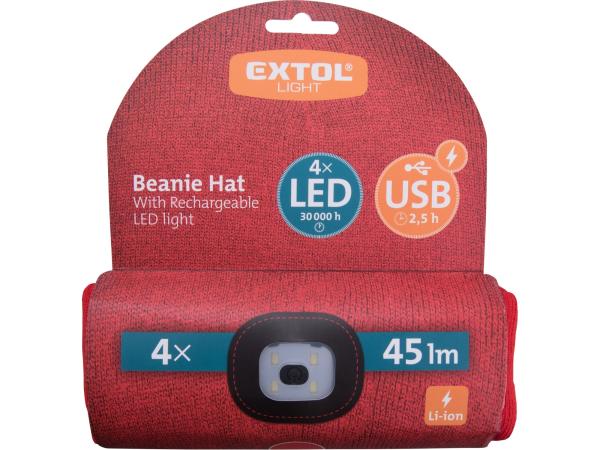 EXTOL LIGHT 43198 - čepice s čelovkou 4x45lm, USB nabíjení, červená, univerzální velikost