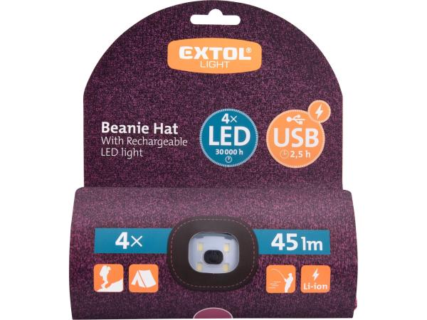 EXTOL LIGHT 43461 - čepice s čelovkou 4x45lm, USB nabíjení, fialová/černá, univerzální vel