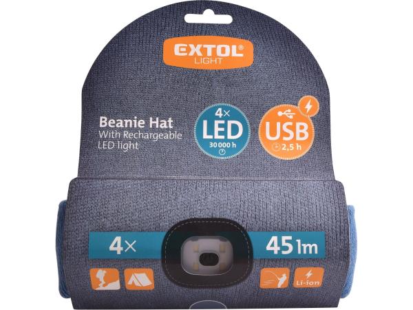 EXTOL LIGHT 43191 - čepice s čelovkou 4x45lm, USB nabíjení, modrá, univerzální velikost
