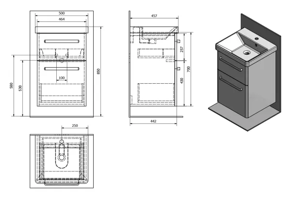 THEIA umyvadlová skříňka 46,4x70x44,2cm, 2xzásuvka, bílá (TH050-3030)