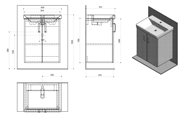 THEIA umyvadlová skříňka 56,4x70x43,5cm, 2xdvířka, dub stříbrný (TH062-1111)