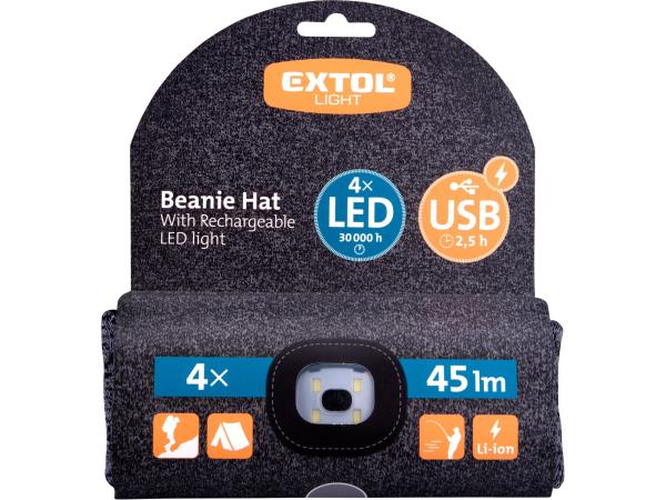 EXTOL LIGHT 43462 - čepice s čelovkou 4x45lm, USB nabíjení, šedá/černá, univerzální veliko