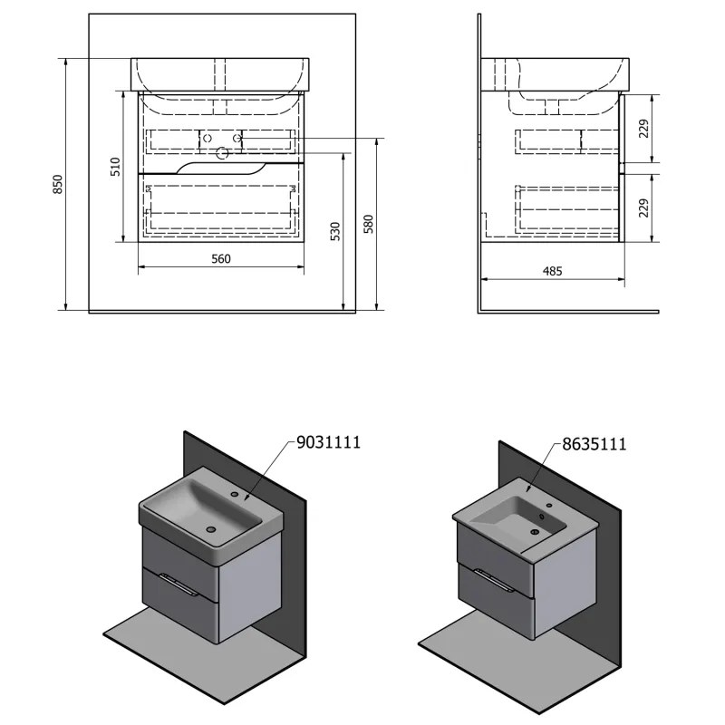 MEDIENA umyvadlová skříňka 57x50,7x48,5cm, bílá mat/dub natural (MD062)
