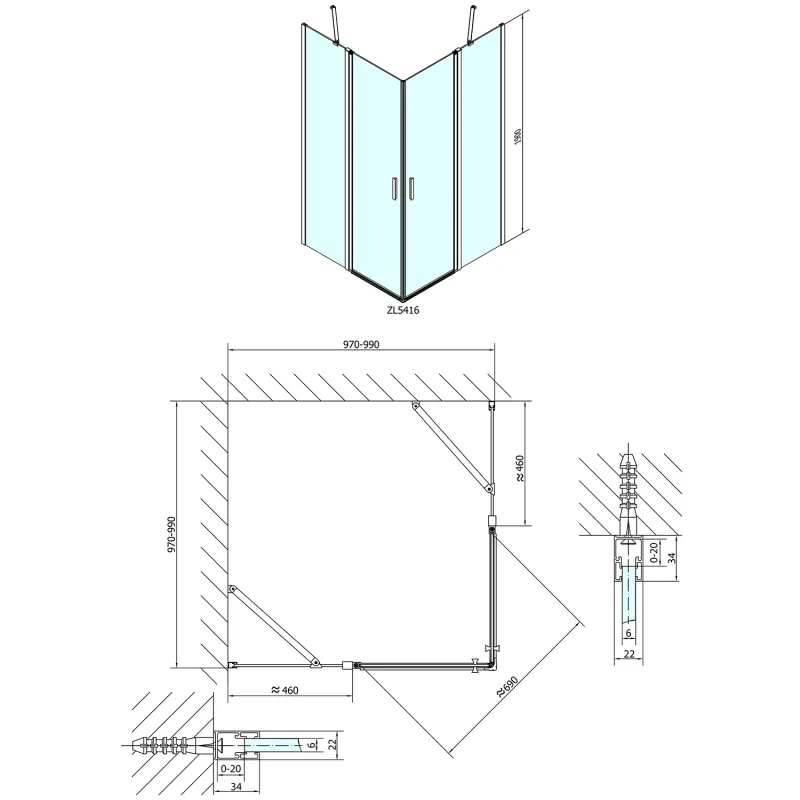 ZOOM LINE čtvercová sprchová zástěna 1000x1000mm, čiré sklo (ZL5416)