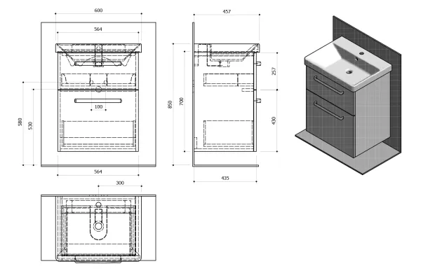 THEIA umyvadlová skříňka 56,4x70x43,5cm, 2xzásuvka, bílá (TH060-3030)