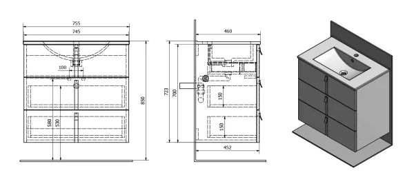 MITRA umyvadlová skříňka, 3 zásuvky, 74,5x70x45,2 cm, bordó (MT083)