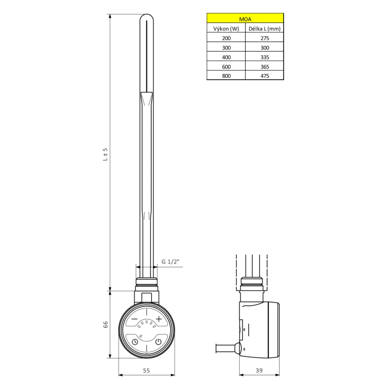 MOA topná tyč s termostatem, 200 W, chrom (MOA-C-200)