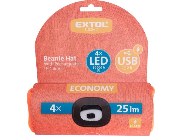 EXTOL LIGHT 43455 - čepice s čelovkou 4x25lm, USB nabíjení, fluorescentní oranžová, ECONOM