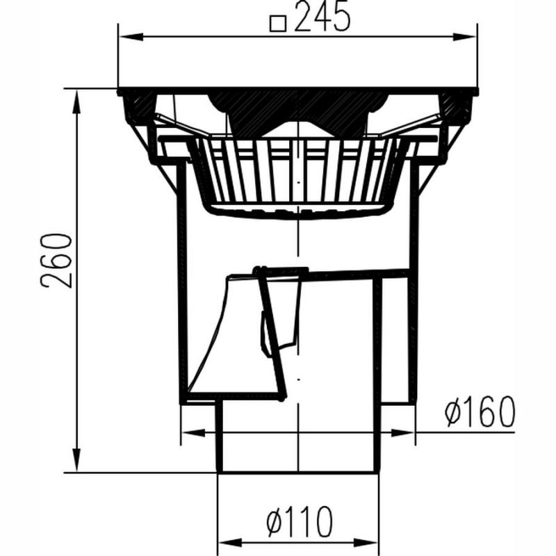 Kanalizační vpusť spodní se suchou klapkou, DN 160/110, 250 x 250 mm - litina