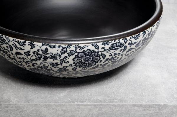 PRIORI keramické umyvadlo na desku, Ø 41cm, černá s modrým vzorem