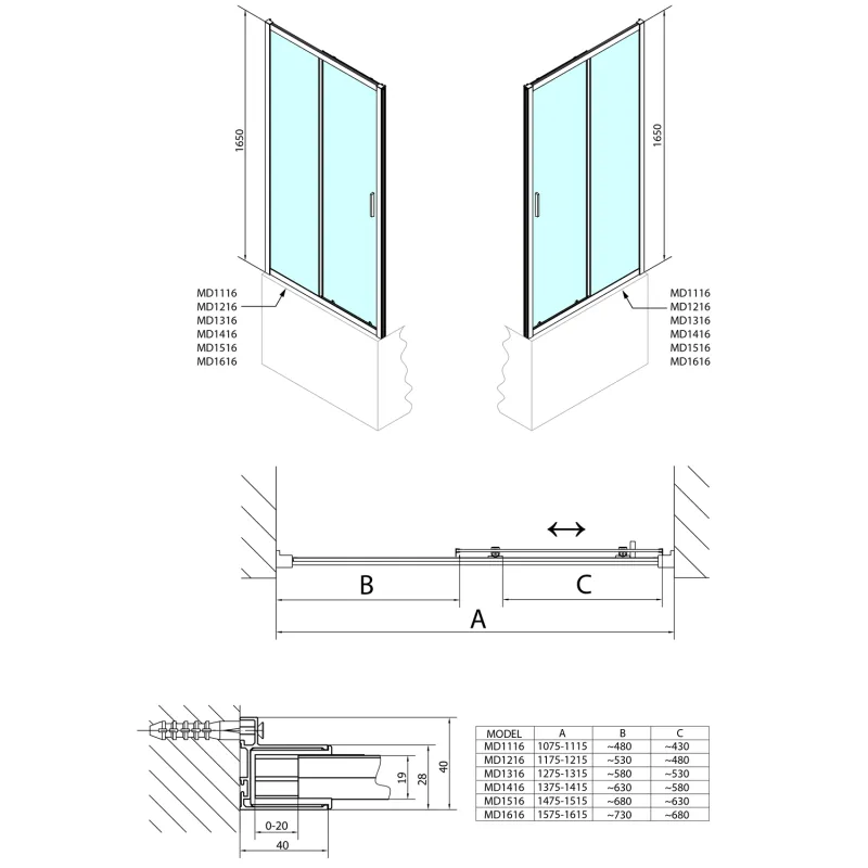 DEEP sprchové dveře 1600x1650mm, čiré sklo (MD1616)