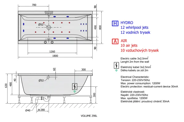 CLEO HYDRO-AIR hydromasážní vana, 180x80x48cm, bílá (95611HA)