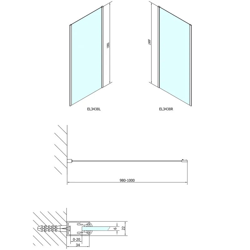 EASY LINE boční stěna 1000mm, sklo BRICK (EL3438)