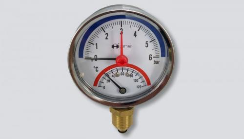 H-LINE termomanometr se spodním napojením G 1/4" a jímkou 1/2", 0-4 bar., 0-120°C