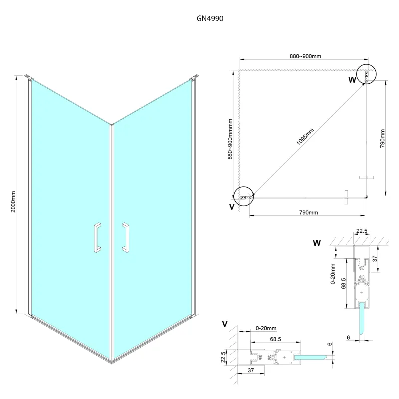 LORO sprchové dveře jednodílné pro rohový vsup 900mm, čiré sklo