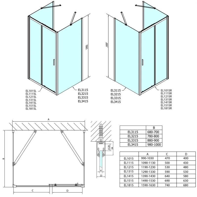 EASY třístěnný sprchový kout 1100x900mm, L/P varianta, čiré sklo 1