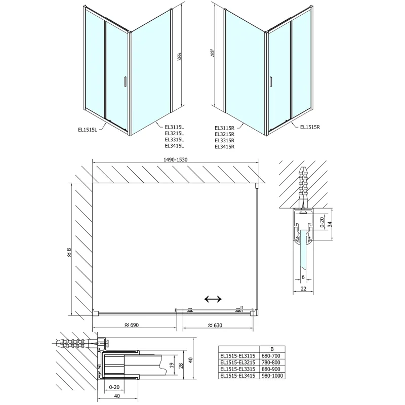 Easy Line obdélníkový sprchový kout 1500x1000mm L/P varianta (EL1515EL3415)