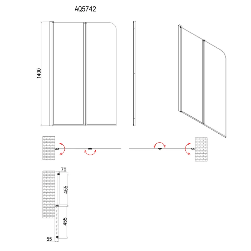 WILA vanová zástěna 900x1400 mm skládací, černá, čiré sklo 1