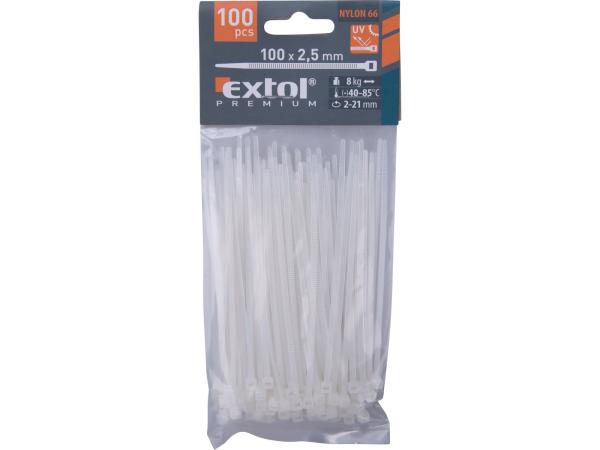 EXTOL PREMIUM 8856102 - pásky stahovací na kabely bílé, 100x2,5mm, 100ks, nylon PA66