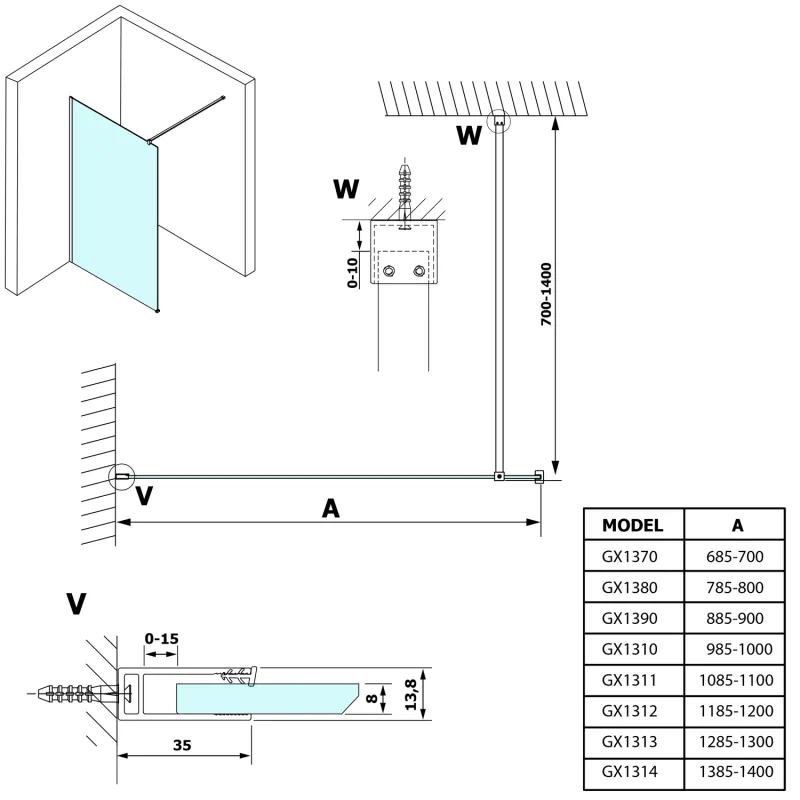 VARIO GOLD jednodílná sprchová zástěna k instalaci ke stěně, kouřové sklo, 800 mm (GX1380GX1016)