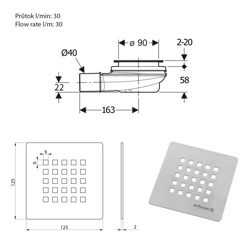 TRENECA vaničkový sifon, průměr otvoru 90mm, DN40, krytka nerez