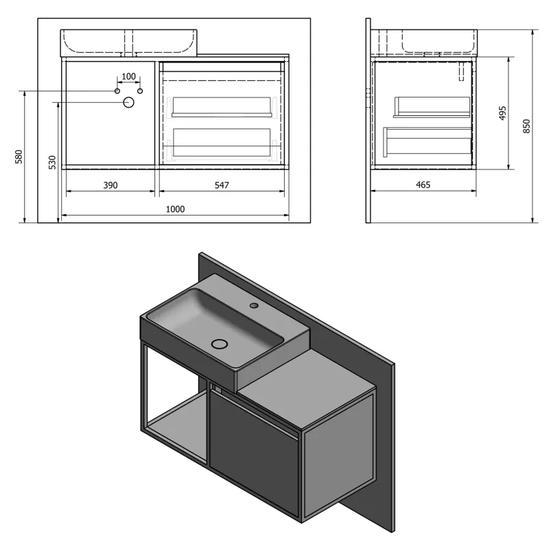 SKARA umyvadlová skříňka 100x49,5x46,5cm, černá mat/dub Alabama (CG004-2222)