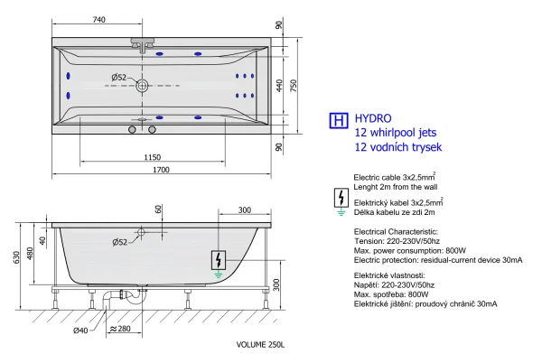 CLEO HYDRO hydromasážní vana, 170x75x48cm, bílá (94611H)
