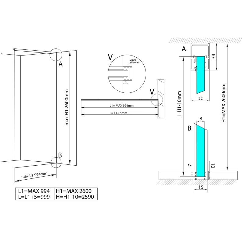 ARCHITEX LINE kalené sklo, L 700 - 999 mm, H 1800-2600 mm, čiré (AL7010)