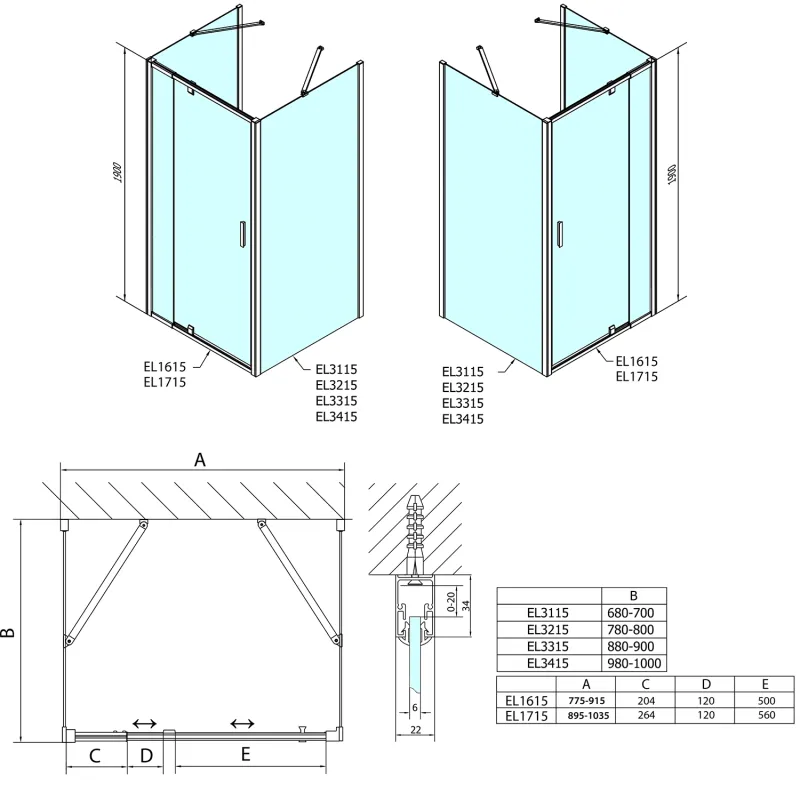 EASY třístěnný sprchový kout 900-1000x700mm, pivot dveře, L/P varianta, čiré sklo 1