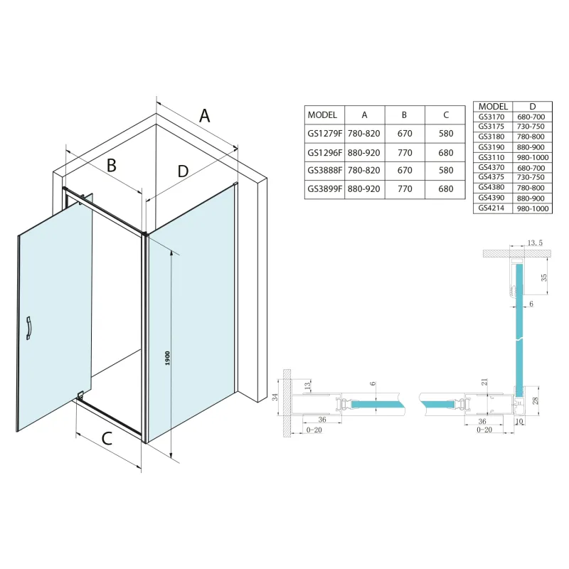 SIGMA SIMPLY obdélníkový sprchový kout pivot dveře 900x750mm L/P varianta, čiré sklo 1