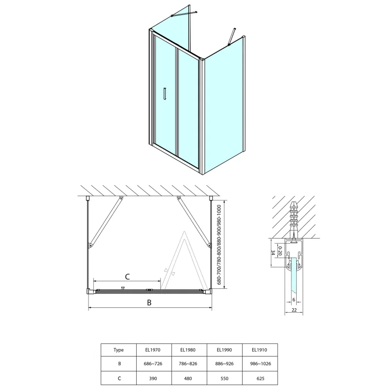 EASY třístěnný sprchový kout 700x700mm, skládací dveře, L/P varianta, čiré sklo 1