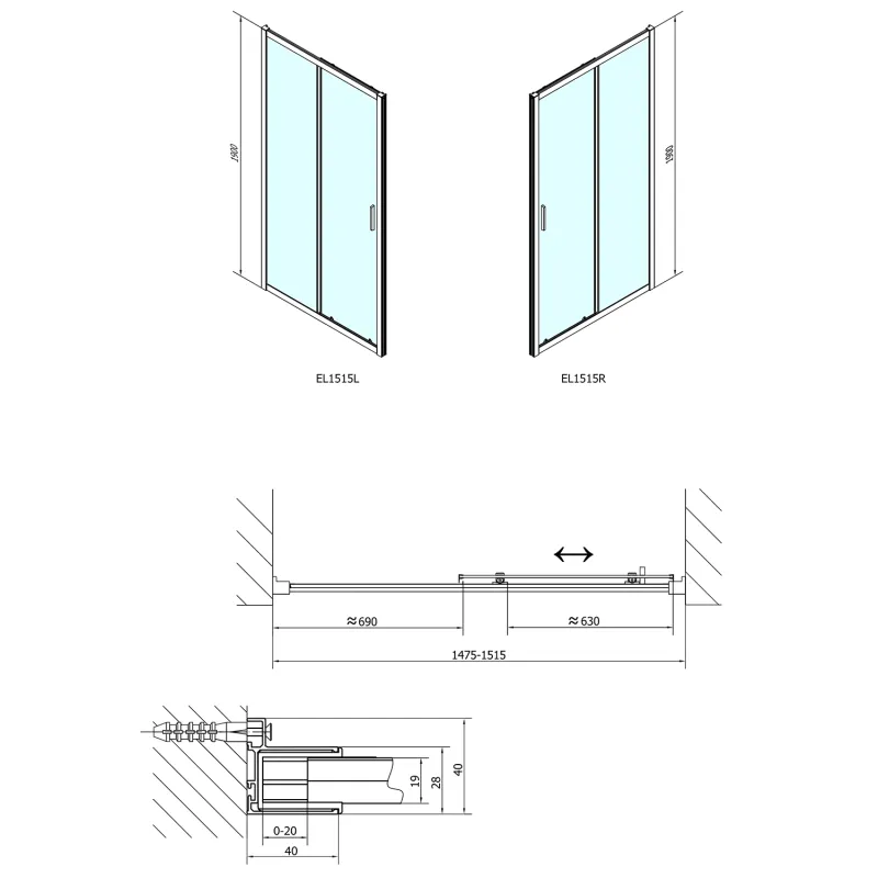 EASY LINE sprchové dveře 1500mm, čiré sklo (EL1515)