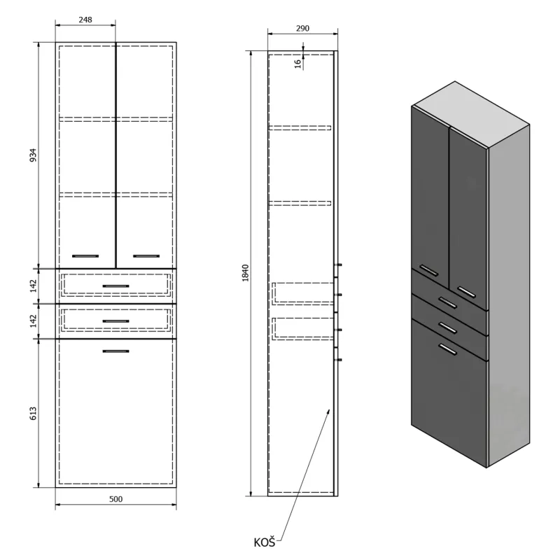 ZOJA/KERAMIA FRESH skříňka vysoká s košem 50x184x29cm, bílá (51293)