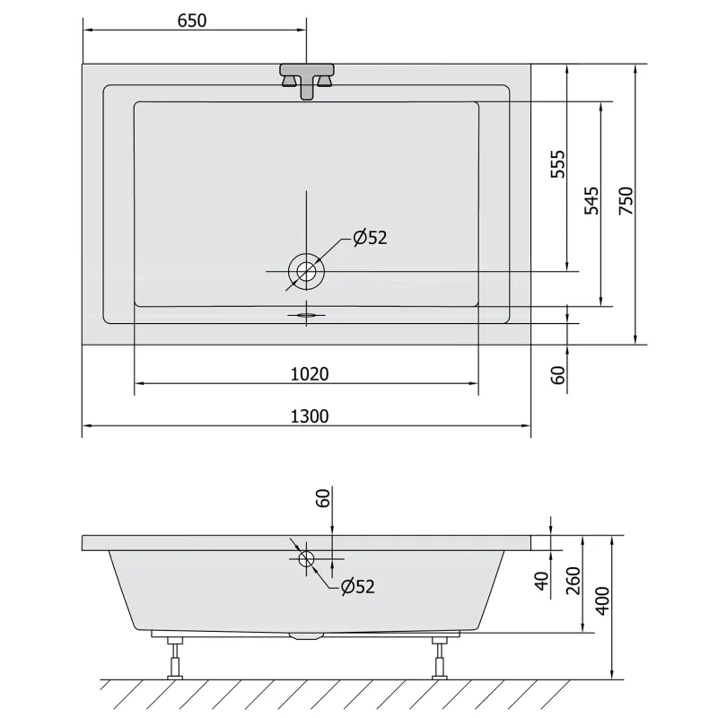 DEEP hluboká sprchová vanička s konstrukcí, obdélník 130x75x26cm, bílá (72943)