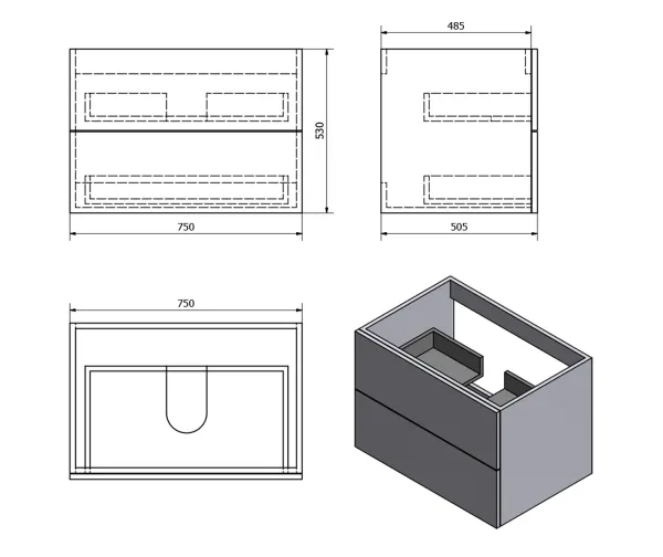 TREOS umyvadlová skříňka 75x53x50,5cm, černá mat (TS070-3535)