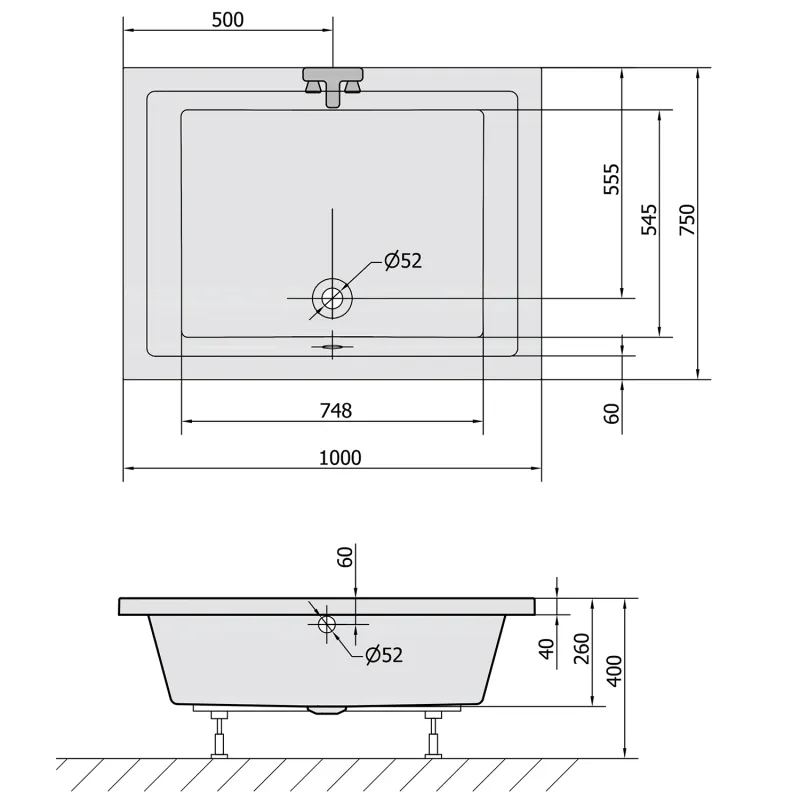 DEEP hluboká sprchová vanička s konstrukcí, obdélník 100x75x26cm, bílá (72880)
