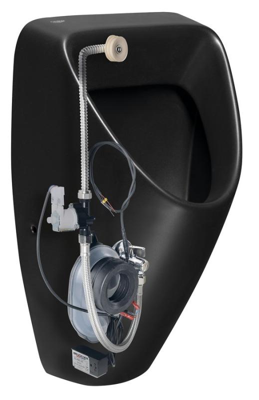 SCHWARN urinál s automatickým splachovačem 6V DC, zadní přívod, zadní odpad, černá matná