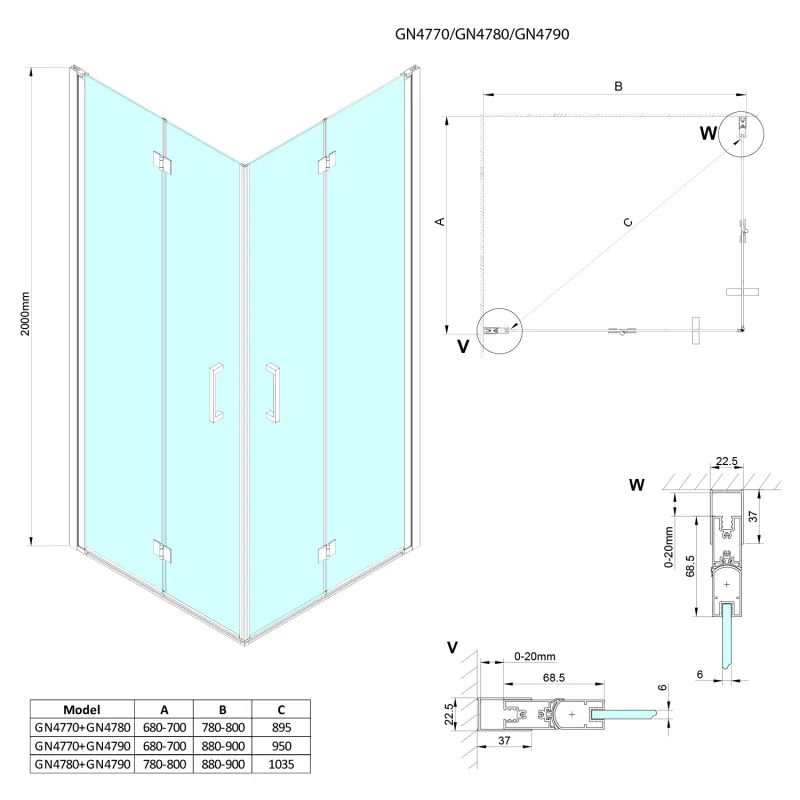 LORO obdélníkový sprchový kout 900x700mm L/P varianta 1