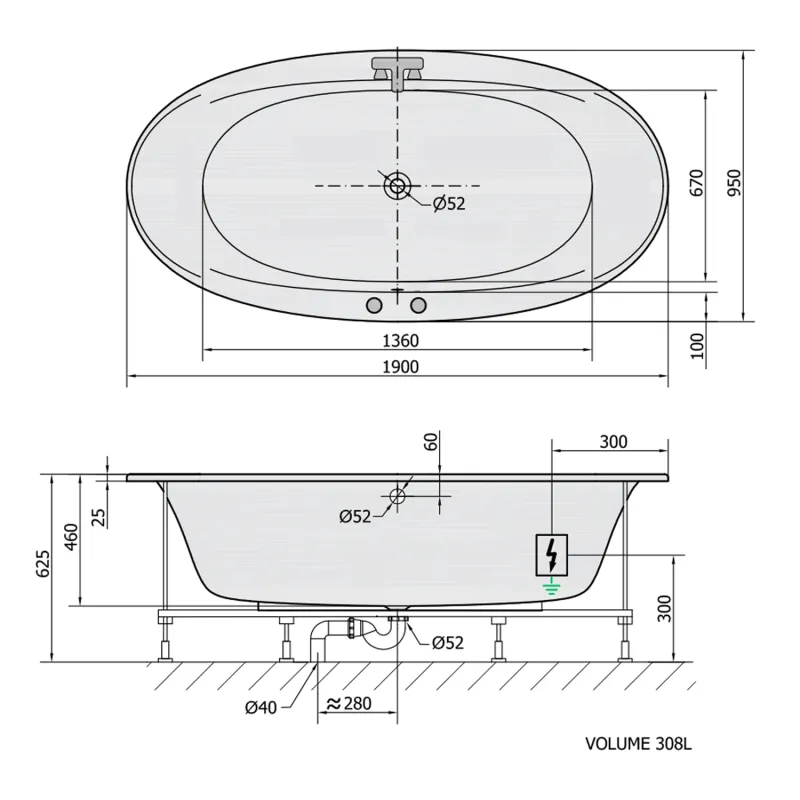 STADIUM hydromasážní vana, 190x95x46cm, Active Hydro-Air, chrom 1