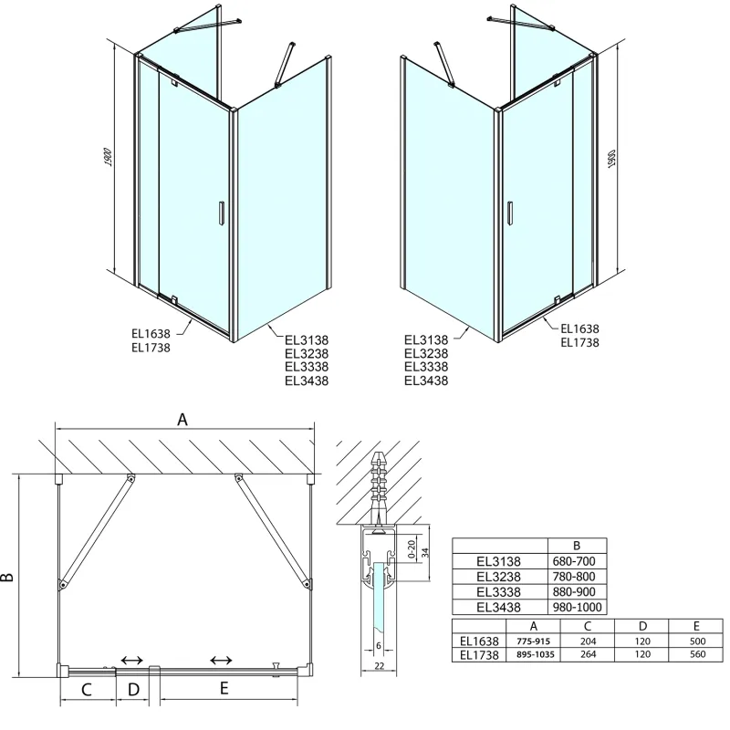 EASY LINE třístěnný sprchový kout 800-900x900mm, pivot dveře, L/P varianta, Brick sk (EL1638EL3338EL