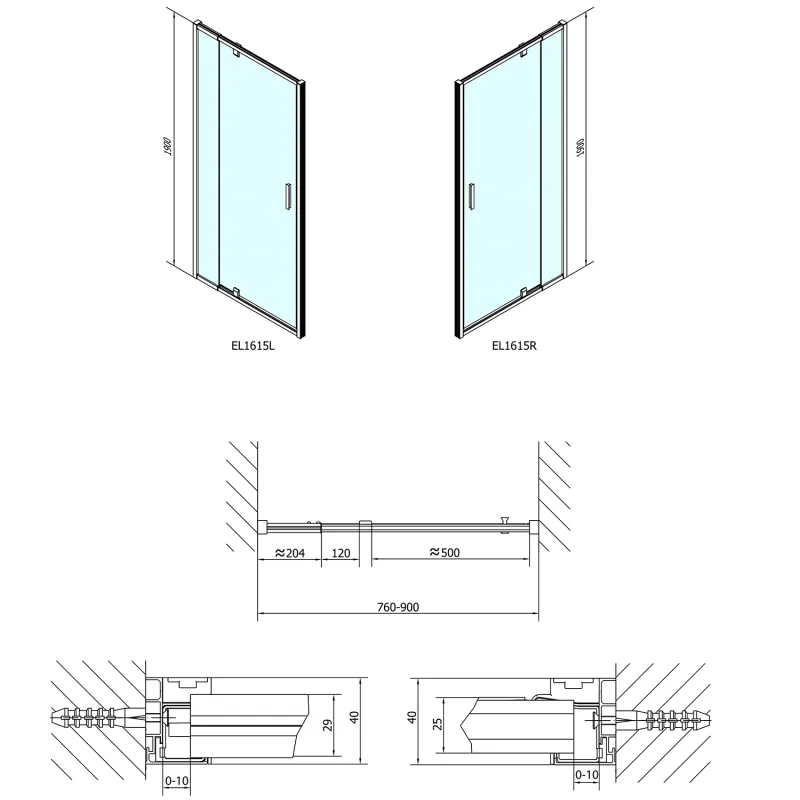 EASY LINE sprchové dveře otočné 760-900mm, čiré sklo (EL1615)