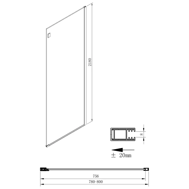 VOLCANO BLACK boční stěna 800 mm, čiré sklo (GV3480)