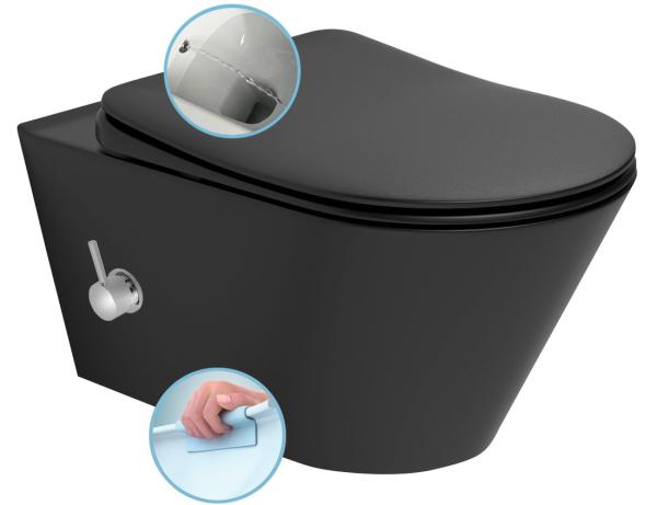 AVVA závěsná WC mísa Rimless, integrovaná baterie a bidet. sprška, 35,5x53 cm, černá mat
